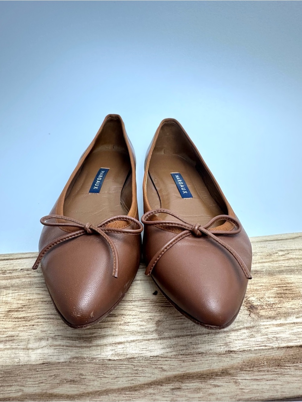Margaux Cognac Leather Pointed-Toe Ballet Flats with Bow Salamanca - Picture 3 of 9